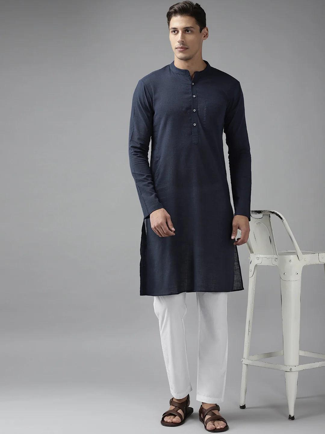 FM-Men Navy Blue Cotton Linen kurta - Fabmade