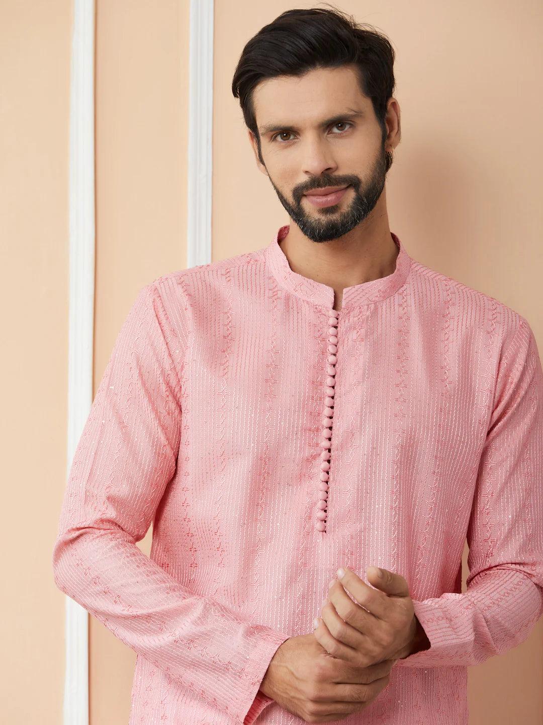 Pink Chanderi Silk Kurta Pyjama - Fabmade