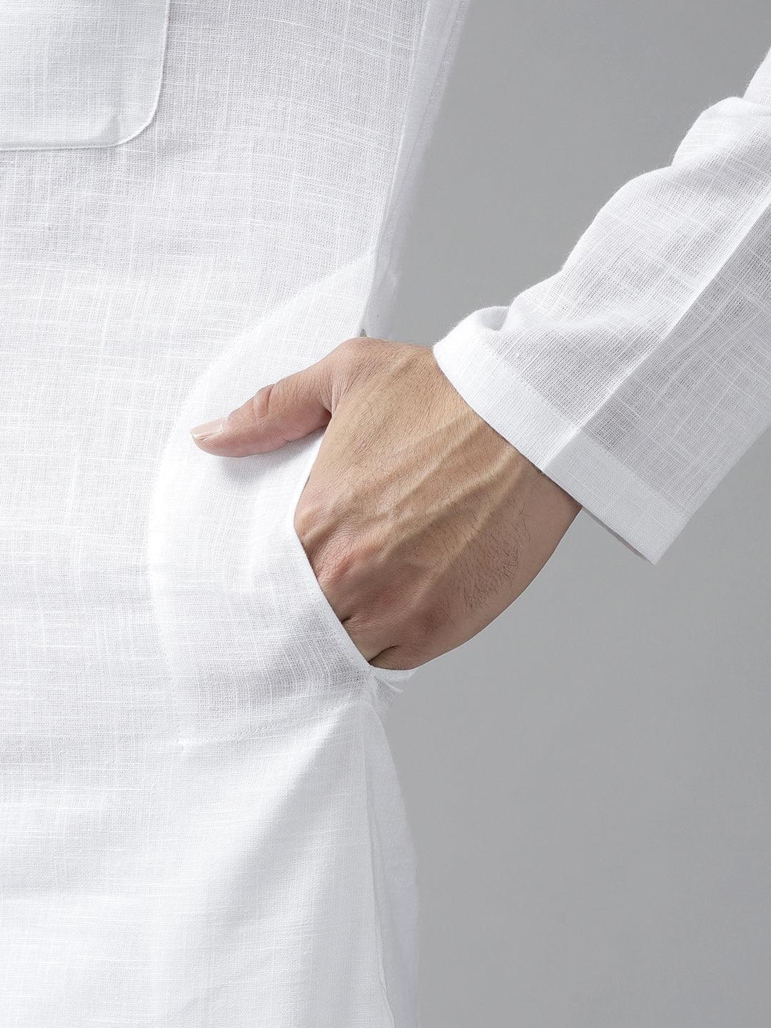 FM-Men White Cotton Linen kurta Pyjama - Fabmade