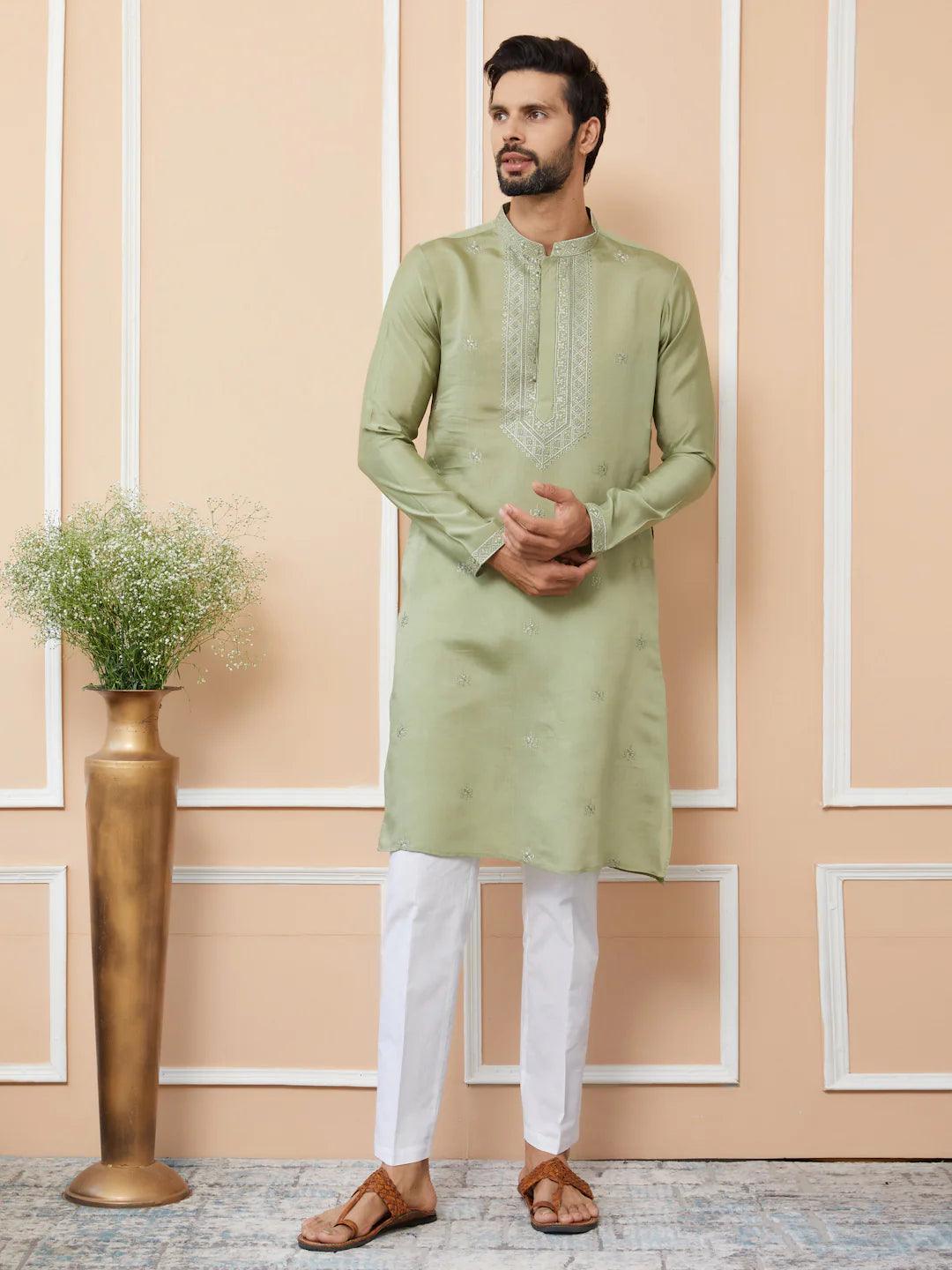 Olive Embroidered Chanderi Silk Straight Kurta Pyjama - Fabmade