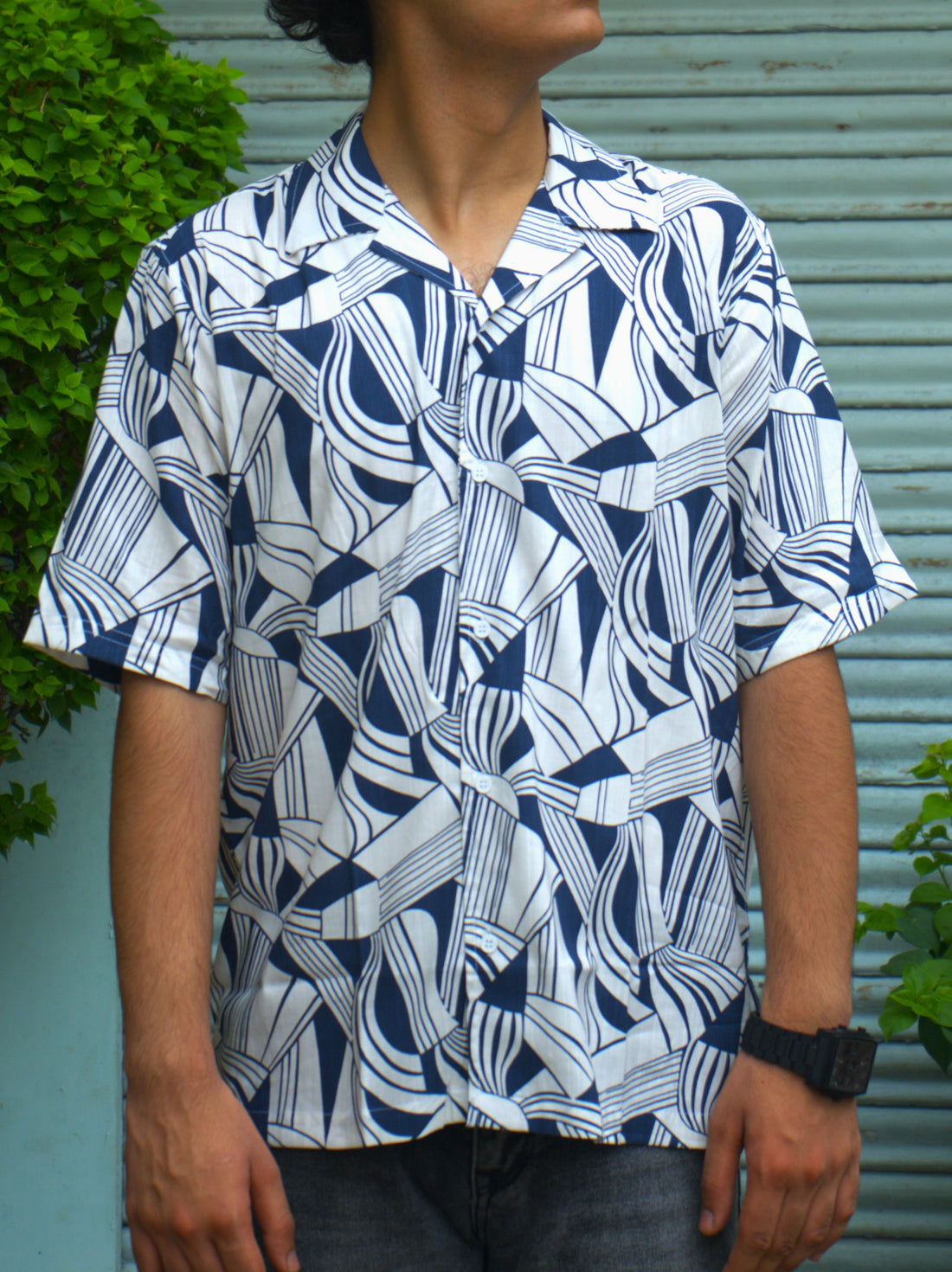 Men’s Abstract  Print Cuban Collar Shirt