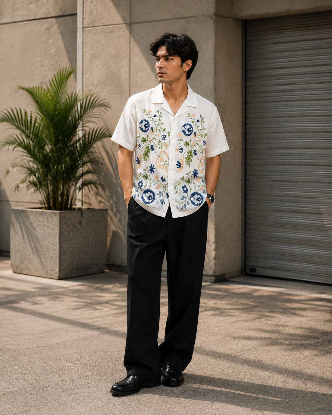 FABMADE Men’s White Floral Printed Short Sleeve Cuban Shirt