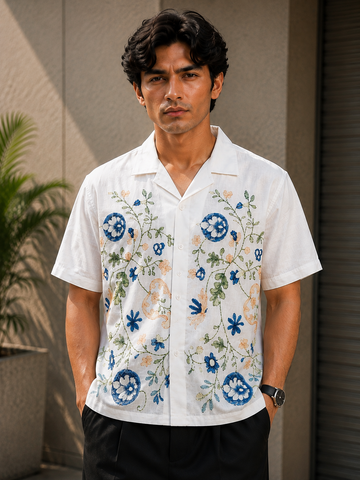 FABMADE Men’s White Floral Printed Short Sleeve Cuban Shirt