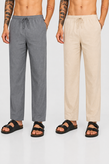 FABMADE Men's Linen Blend Trousers (Pack of 2 - Beige & Grey)