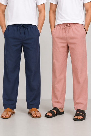 FABMADE Men’s Premium Cotton Lounge Trousers (Pack of 2 - Navy Blue & Dusty Pink) |