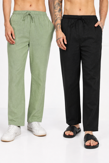 FABMADE Men’s Relaxed Fit Linen Blend Trousers (Pack of 2) Saga Green & Black |