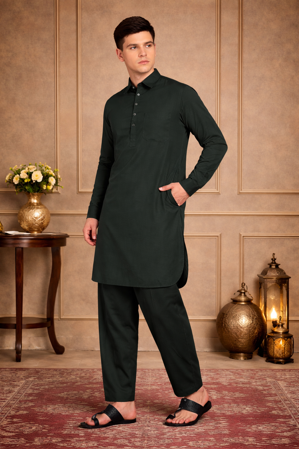 FM - Olive Green Pathani Suit for Men