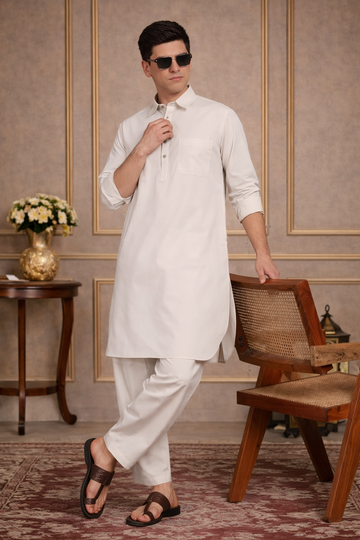 FM - Beige Cotton Linen Pathani kurta with Salwar Fabmade