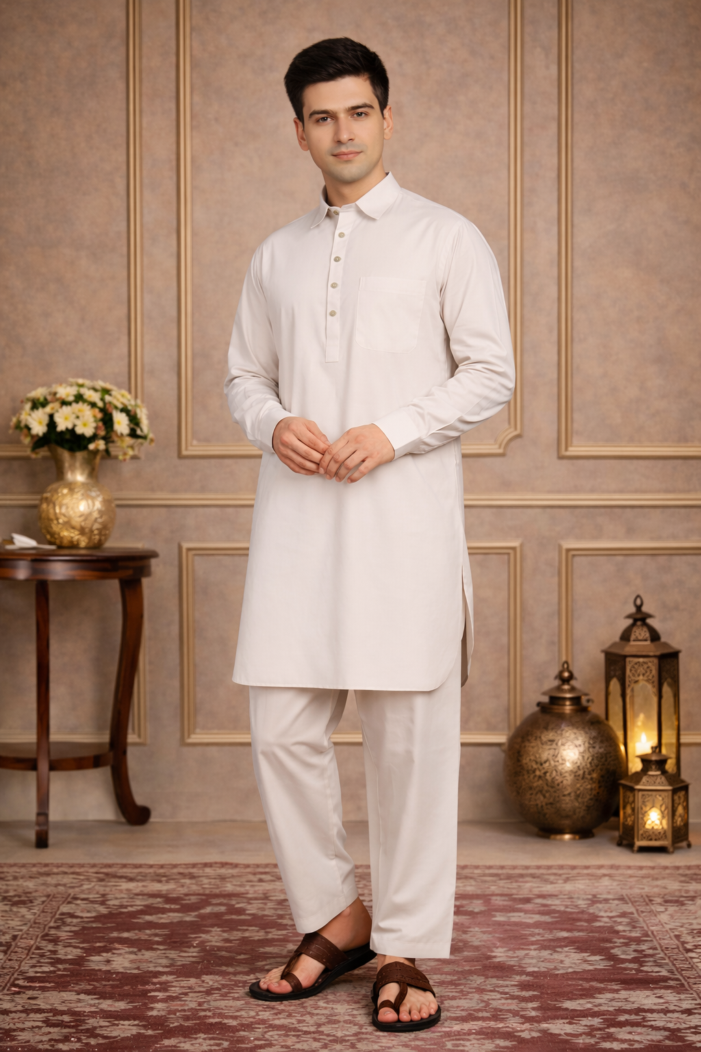 FM - Beige Cotton Linen Pathani kurta with Salwar Fabmade