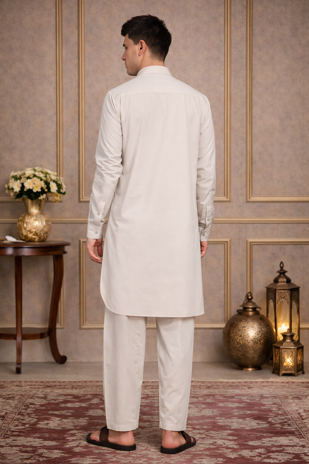 FM - Beige Cotton Linen Pathani kurta with Salwar Fabmade