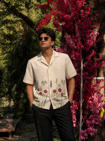 BEIGE HEM EMBROIDERY PRINT COTTON LINEN SHIRT
