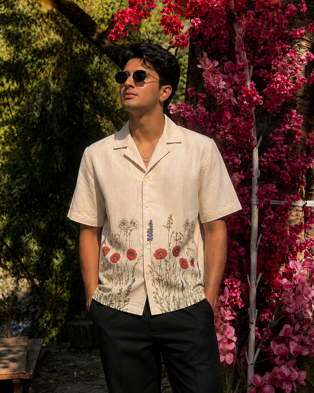BEIGE HEM EMBROIDERY PRINT COTTON LINEN SHIRT