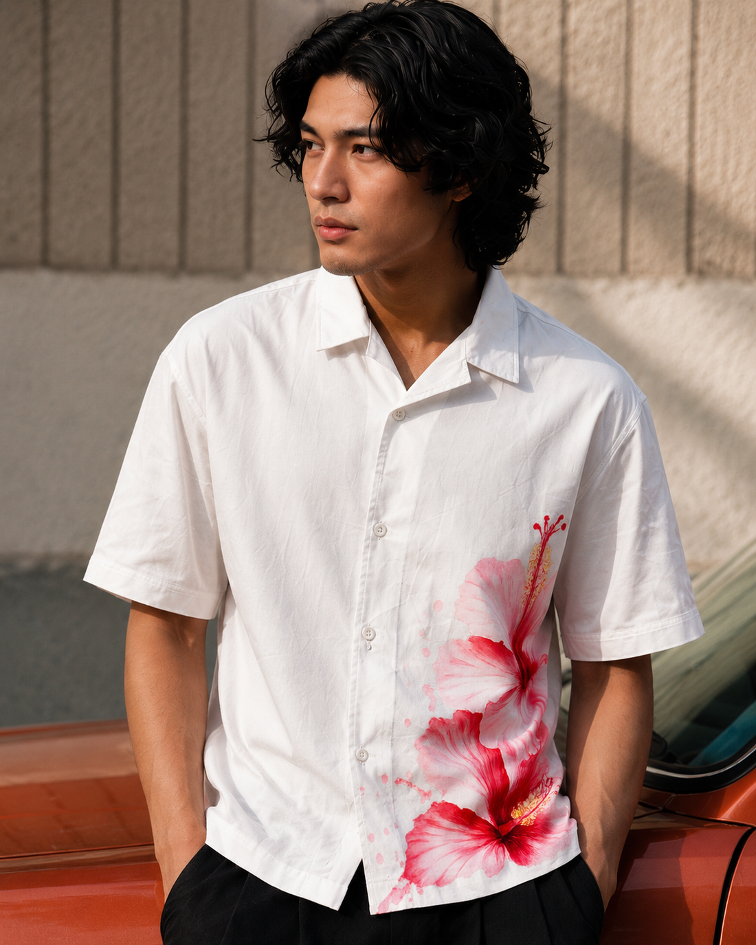 Fabmade Hibiscus Bloom White Cuban Collar Shirt