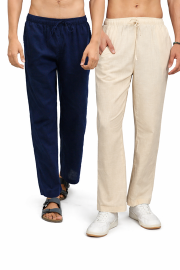 Navy blue  & Beige Combo Men Linen Pajama