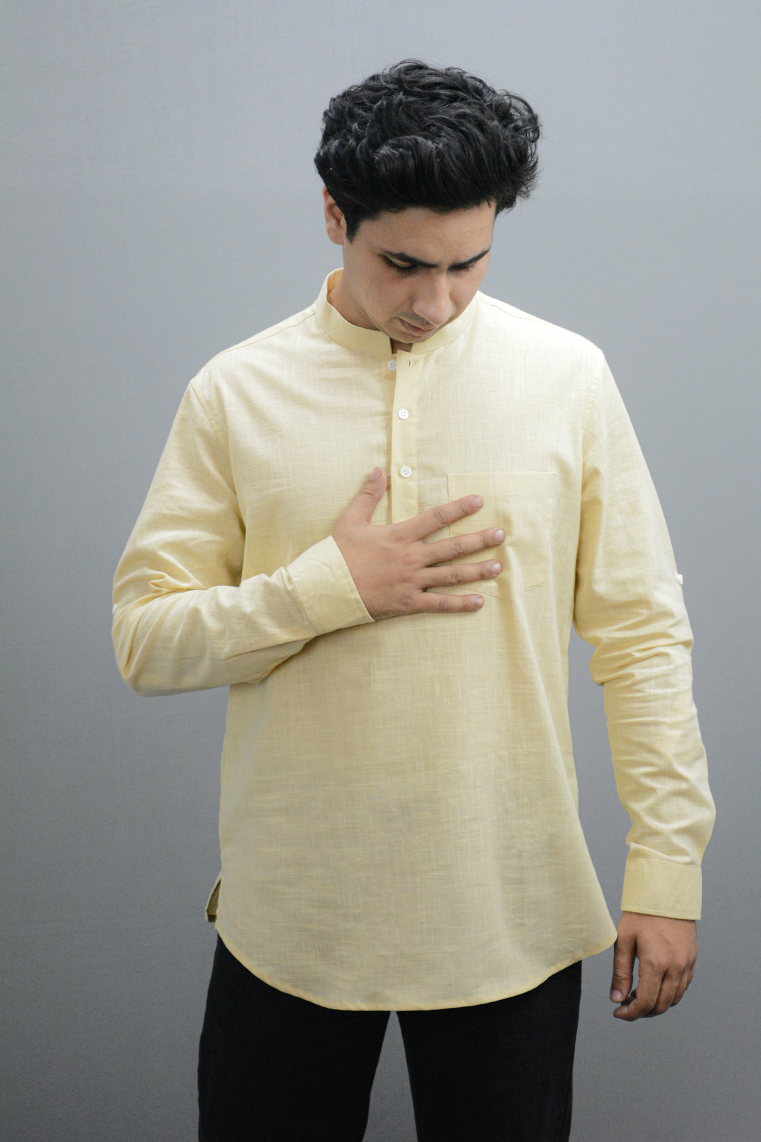 Cotton Linen Solid Casual Slim Fit Spread Collor Short Kurta for Men