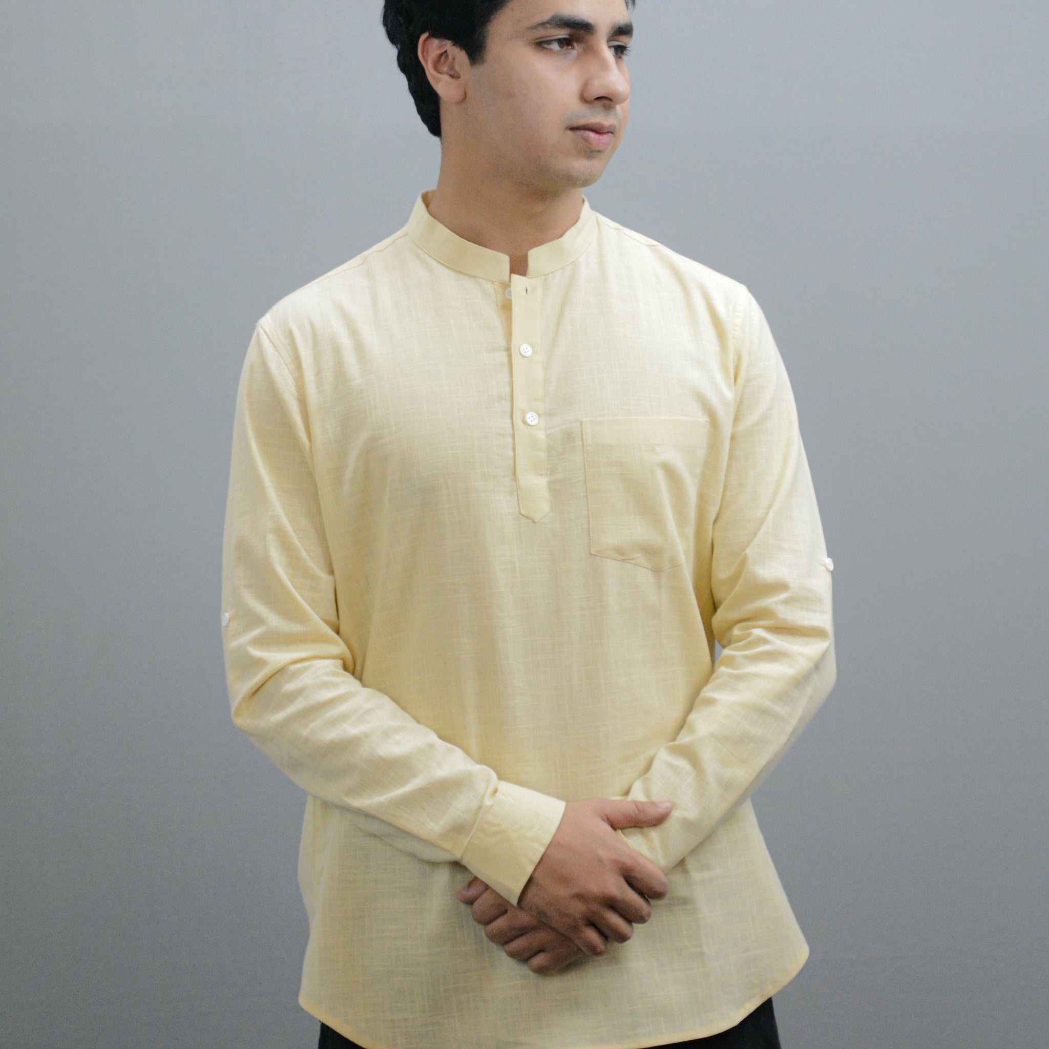 Cotton Linen Solid Casual Slim Fit Spread Collor Short Kurta for Men