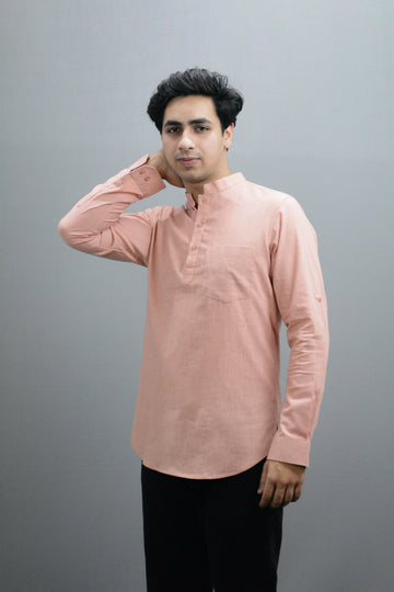 Linen Solid Peach Short Kurta for Men