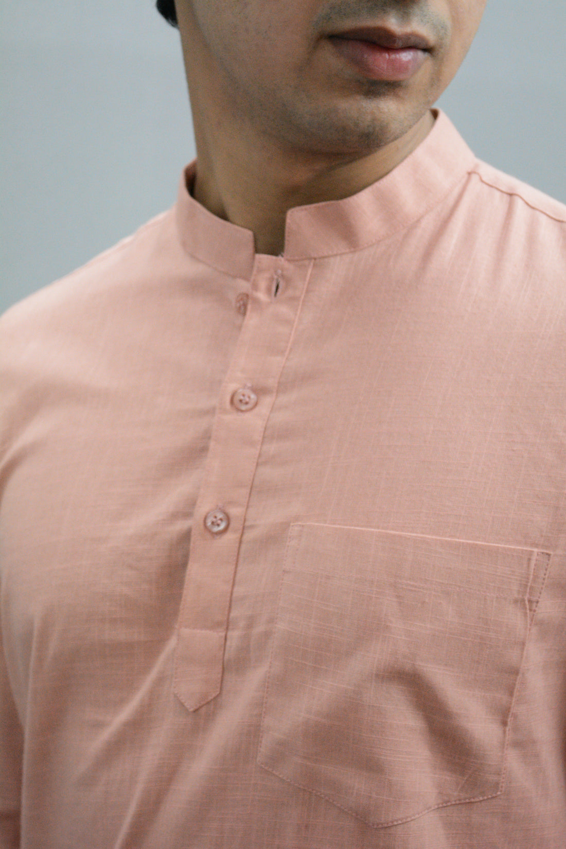 Linen Solid Peach Short Kurta for Men