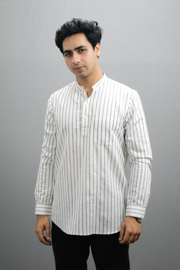 White Woven Striped Cotton Short Kurta