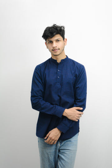 Fabmade - Men's Navy Blue Cotton-Linen Short Kurta