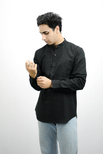 Fabmade - Men's Black Cotton-Linen Short Kurta