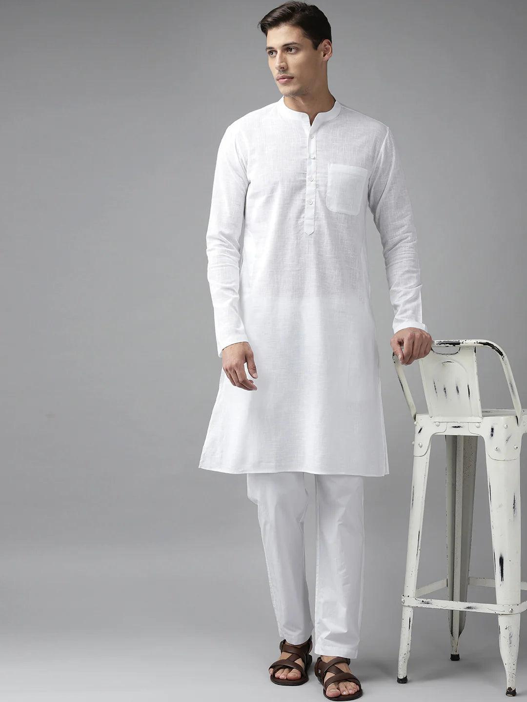 FM-Men White Cotton Linen kurta Pyjama - Fabmade