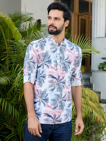 Navy Tropical Printed Rayon Short Kurta