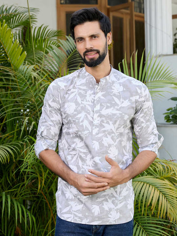 Light Gray Tropical Printed Rayon Short Kurta