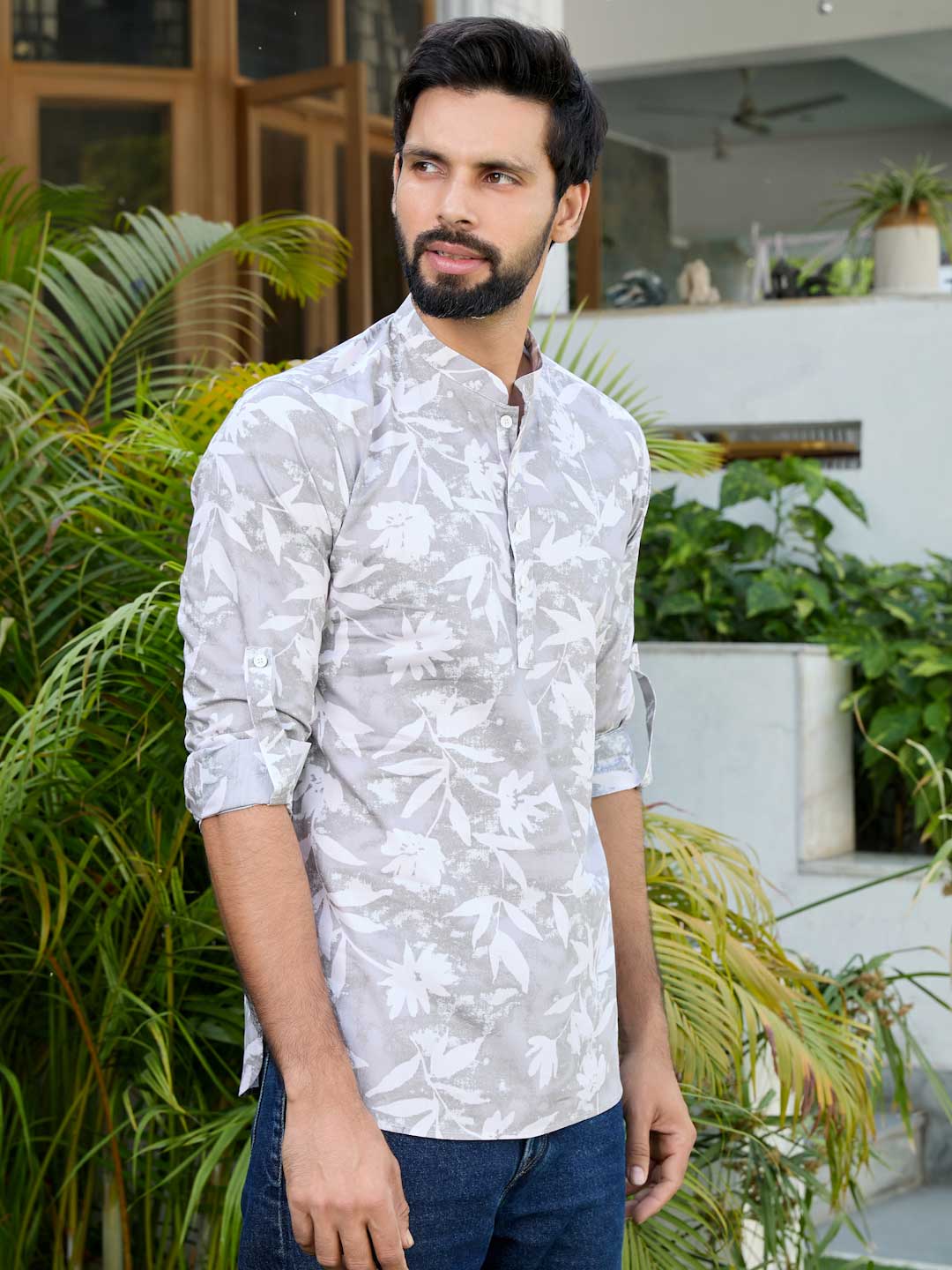 Light Gray Tropical Printed Rayon Short Kurta