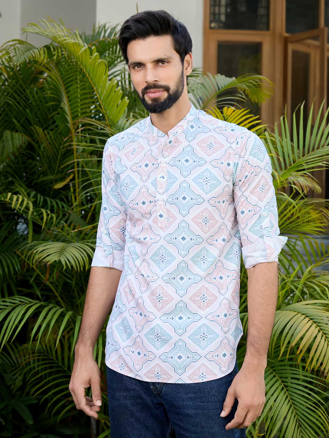 Peach-Green Geometric Printed Short Kurta