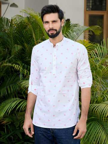 White Woven Cotton Short Kurta