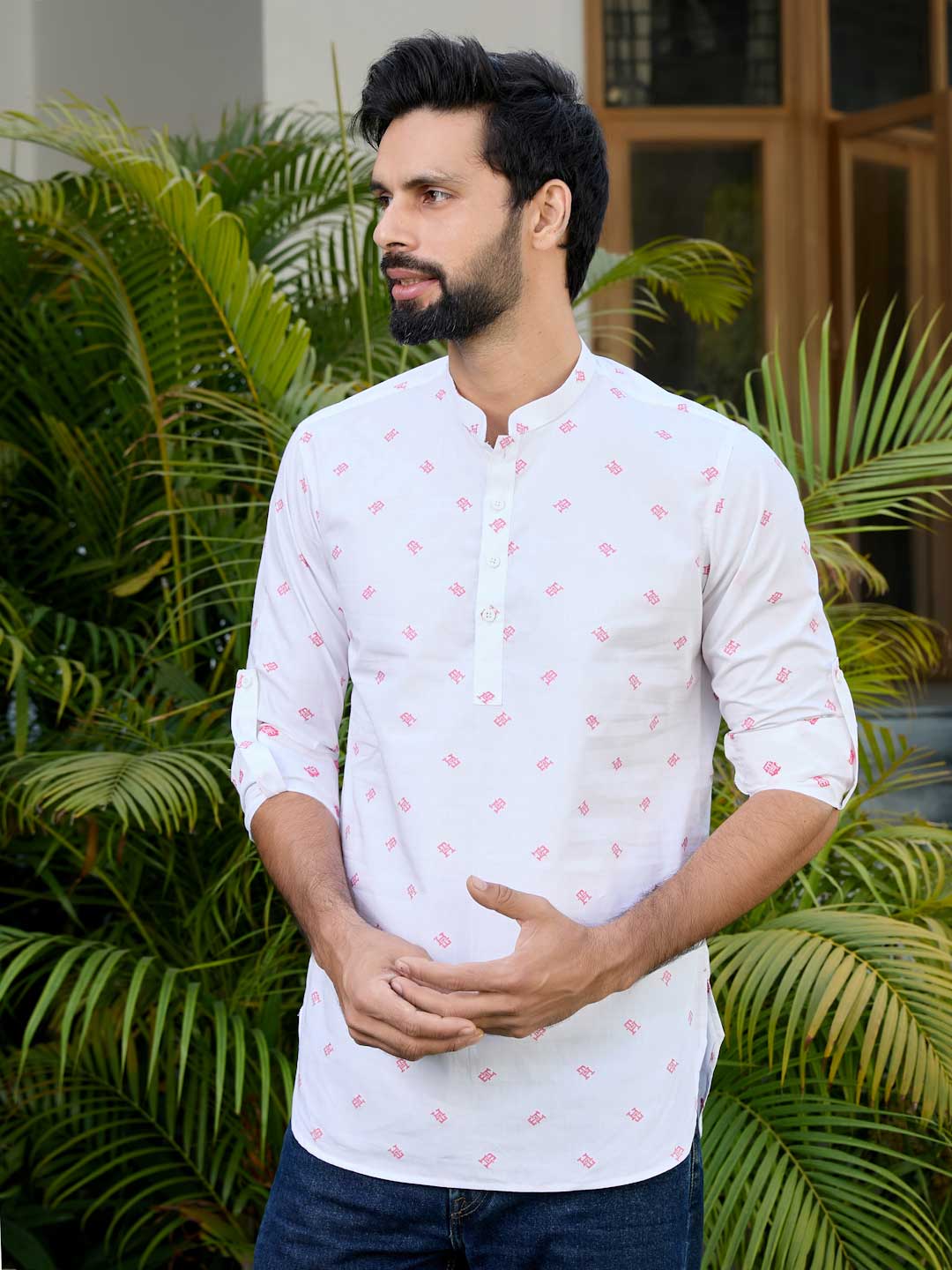 White Woven Cotton Short Kurta
