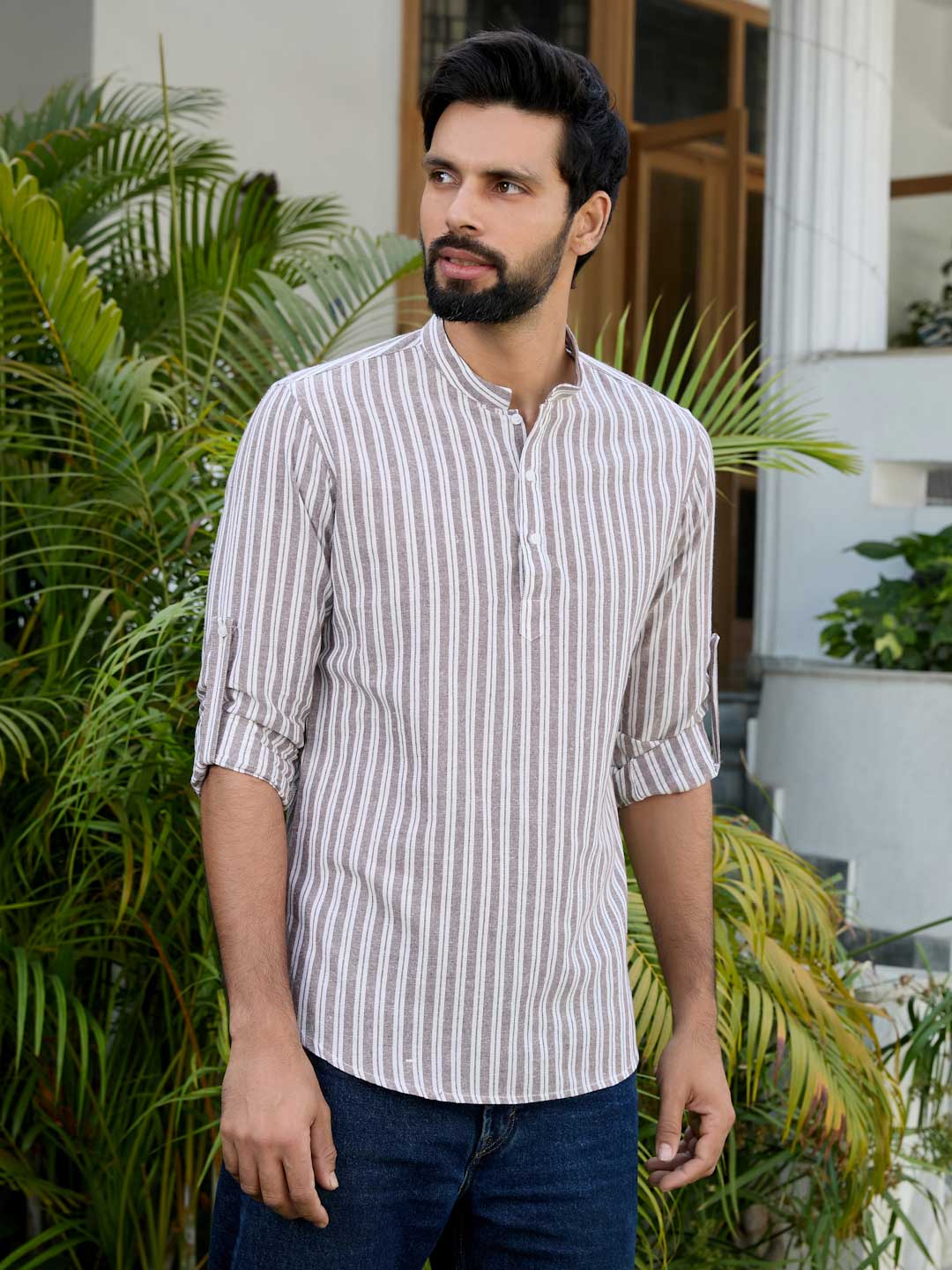 Brown Woven Striped Cotton Short Kurta