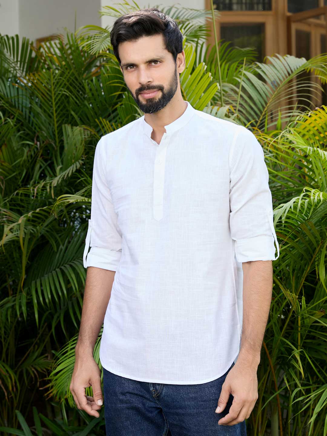 Men’s White Cotton-Linen Short Kurta