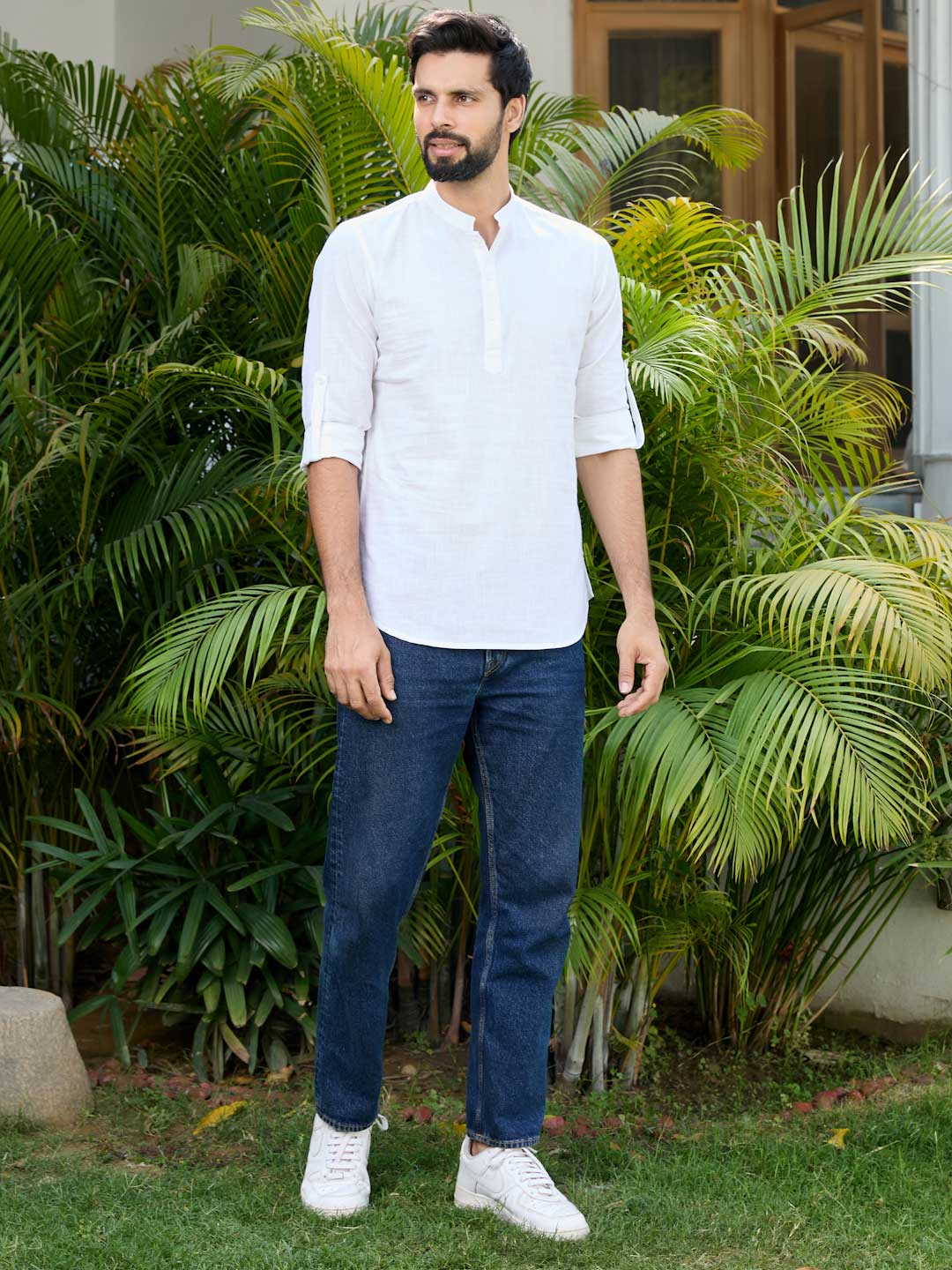 Men’s White Cotton-Linen Short Kurta