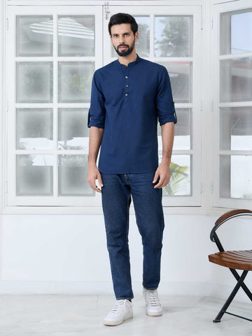 Men Navy Pure Cotton Slub Short Kurta