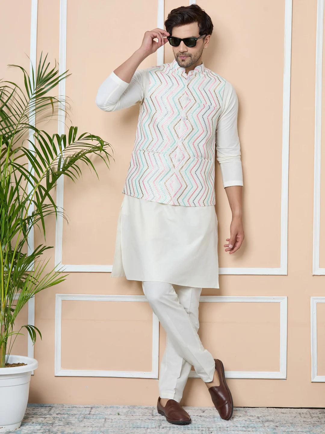 Multicolor Diamond Zigzag Embroidered Nehru Jacket with Solid Kurta-Pyjama (3 Piece Set) - Fabmade