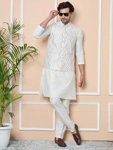 Multicolor Diamond Zigzag Embroidered Nehru Jacket with Solid Kurta-Pyjama (3 Piece Set) - Fabmade