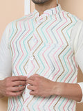 Multicolor Diamond Zigzag Embroidered Nehru Jacket with Solid Kurta-Pyjama (3 Piece Set) - Fabmade