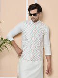 Multicolor Diamond Zigzag Embroidered Nehru Jacket with Solid Kurta-Pyjama (3 Piece Set) - Fabmade