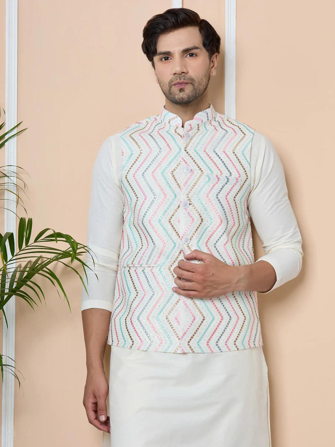 Multicolor Diamond Zigzag Embroidered Nehru Jacket with Solid Kurta-Pyjama (3 Piece Set) - Fabmade