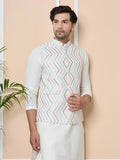 Multicolor Diamond Zigzag Embroidered Nehru Jacket with Solid Kurta-Pyjama (3 Piece Set) - Fabmade