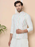 Multicolor Diamond Zigzag Embroidered Nehru Jacket with Solid Kurta-Pyjama (3 Piece Set) - Fabmade