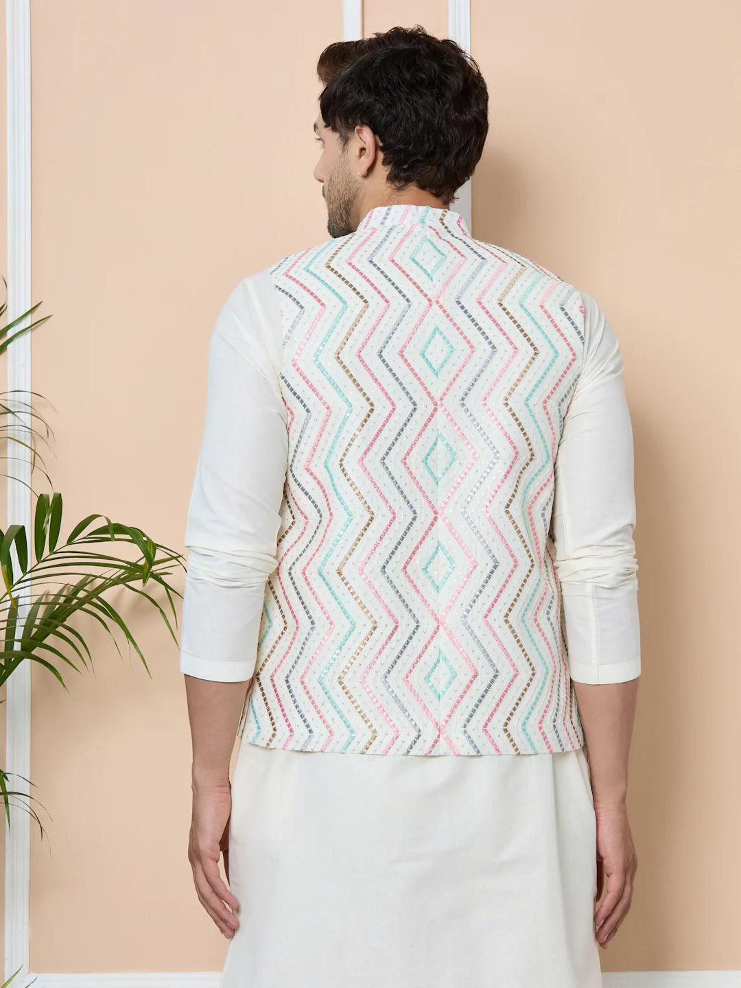 Multicolor Diamond Zigzag Embroidered Nehru Jacket with Solid Kurta-Pyjama (3 Piece Set) - Fabmade