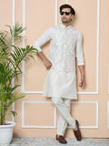 Multicolor Diamond Zigzag Embroidered Nehru Jacket with Solid Kurta-Pyjama (3 Piece Set) - Fabmade