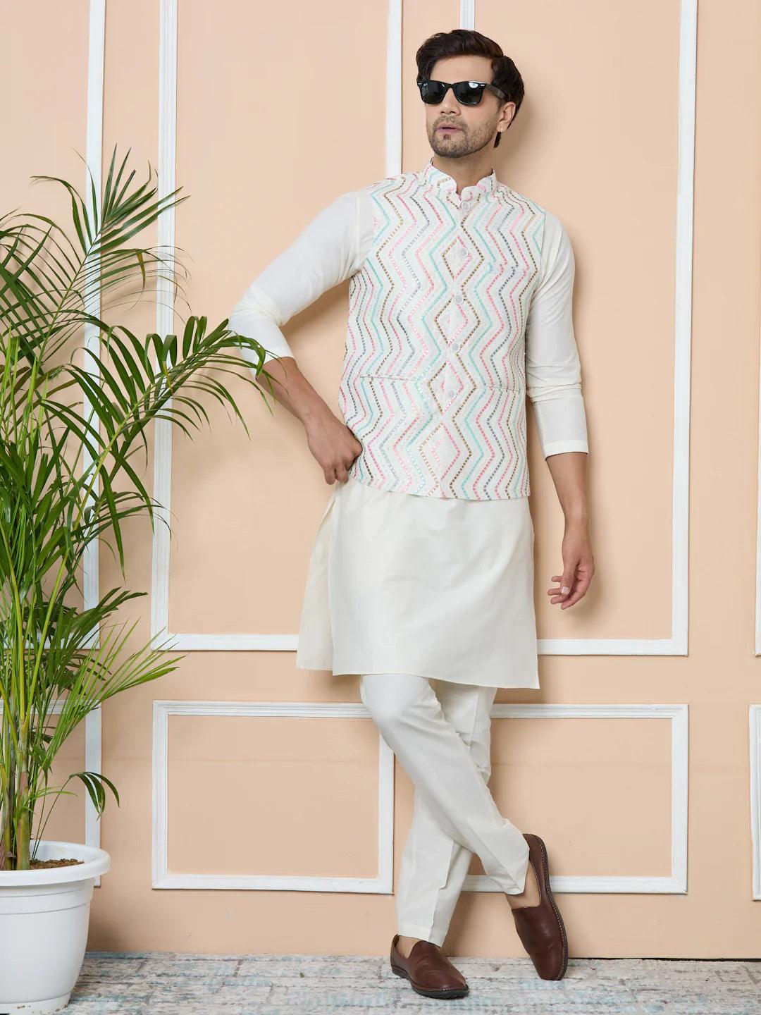 Multicolor Diamond Zigzag Embroidered Nehru Jacket with Solid Kurta-Pyjama (3 Piece Set) - Fabmade