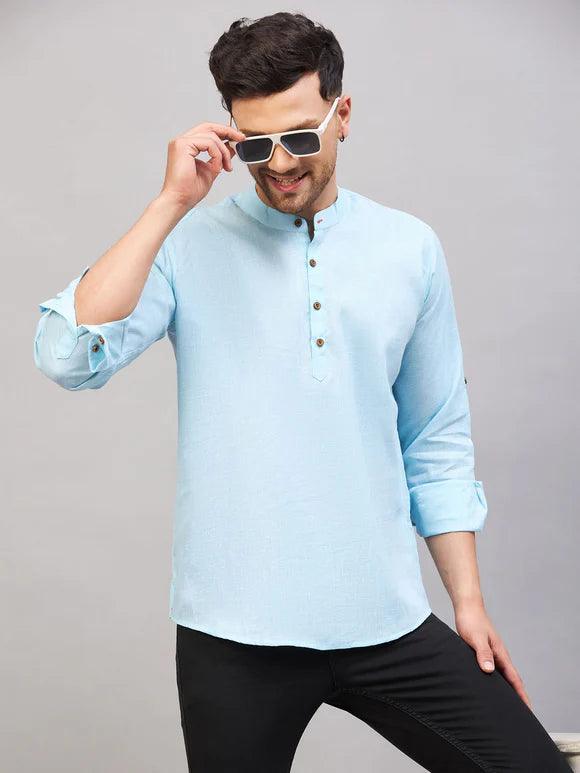 Men Blue Solid Short Kurta - Fabmade