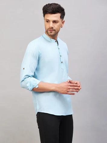 Men Blue Solid Short Kurta - Fabmade