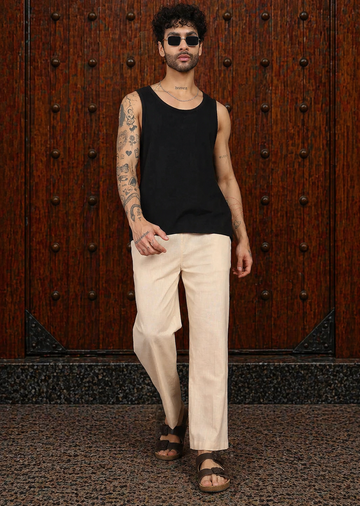 Men's Beige Cotton Linen  Pyjama Fabmade